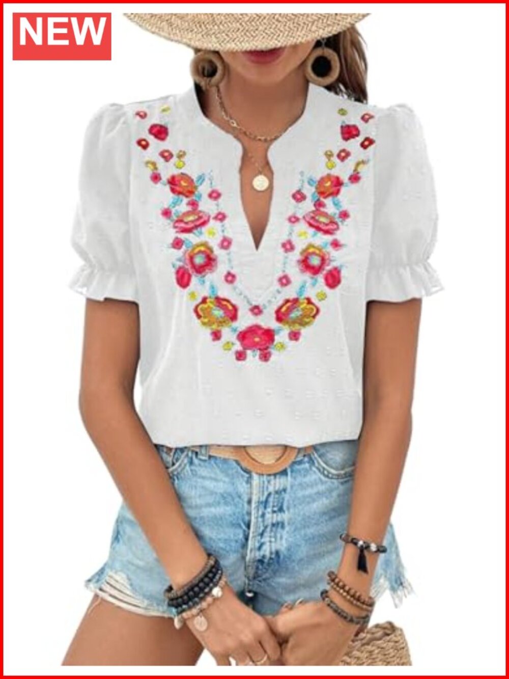 Women's Floral Embroidered V Neck Puff Sleeve Blouse